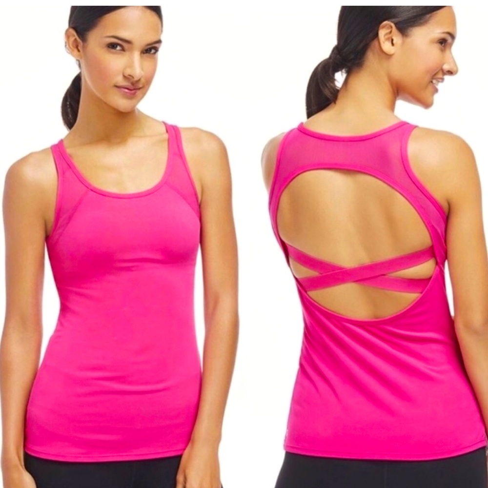 Fabletics Carlsbad Mesh Criss Cross Back Tank in Azalea Pink